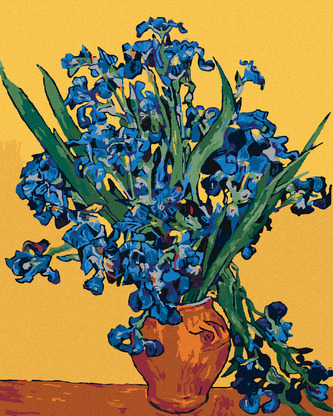 Malování podle čísel - KOSATCE NA ŽLUTÉM PODKLADU DLE VAN GOGHA - 40x50 cm, bez rámu a bez vypnutí plátna