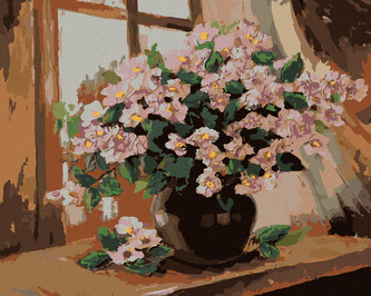 Malování podle čísel - BOHATÉ KVĚTINY VE VÁZE NA STOLE - 40x50 cm, vypnuté plátno na rám