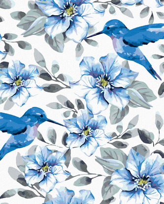 Malování podle čísel - MODRÉ KVĚTY A KOLIBŘÍCI - 40x50 cm, vypnuté plátno na rám