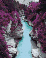 Malování podle čísel - FIALOVÉ BOROVICE A MODRÝ POTOK - 40x50 cm, bez rámu a bez vypnutí plátna