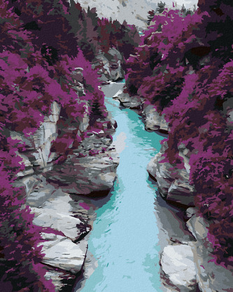 Malování podle čísel - FIALOVÉ BOROVICE A MODRÝ POTOK - 40x50 cm, bez rámu a bez vypnutí plátna