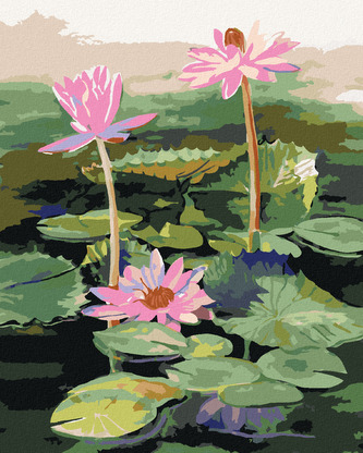 Malování podle čísel - TŘI RŮŽOVÉ LEKNÍNY NA JEZEŘE - 80x100 cm, bez rámu a bez vypnutí plátna