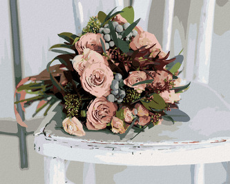 Malování podle čísel - KYTICE RŮŽÍ NA BÍLÉ ŽIDLI - 80x100 cm, bez rámu a bez vypnutí plátna