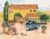 Malování podle čísel - ŽENA SADÍCÍ KVĚTINY U DOMU V PROVANCE - 40x50 cm, vypnuté plátno na rám