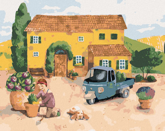 Malování podle čísel - ŽENA SADÍCÍ KVĚTINY U DOMU V PROVANCE - 40x50 cm, vypnuté plátno na rám