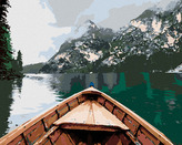 Malování podle čísel - LOĎ NA JEZEŘE A HORY V MLZE - 40x50 cm, vypnuté plátno na rám