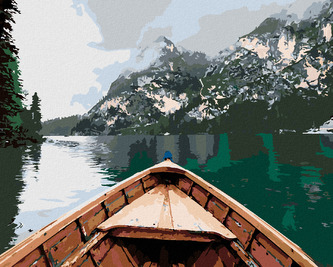 Malování podle čísel - LOĎ NA JEZEŘE A HORY V MLZE - 40x50 cm, vypnuté plátno na rám