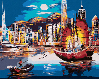Malování podle čísel - PŘÍSTAV V HONG KONGU - 80x100 cm, vypnuté plátno na rám