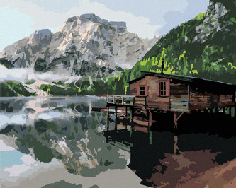 Malování podle čísel - JEZERO S CHATOU A LODĚMI ITÁLIE - 80x100 cm, vypnuté plátno na rám