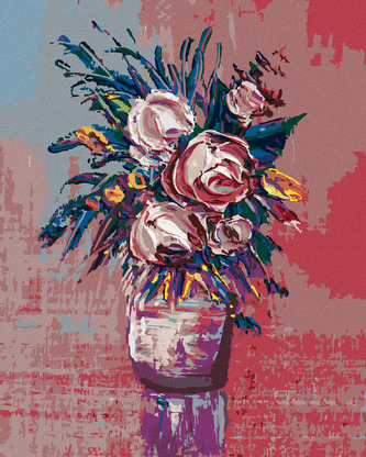 Malování podle čísel - KYTICE RŮŽÍ NA ČERVENÉM POZADÍ - 40x50 cm, bez rámu a bez vypnutí plátna