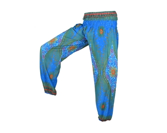 Kalhoty Joga WASTE, modré, zelené paví pera