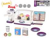 Cukrářský set 45cm s pokladnou a kávovarem na baterie + světlo a zvuk s doplňky 25ks v krabičce