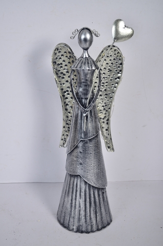 Plechový anděl Wave stříbrný-champagne se srdíčkem, 39cm, LED křídla