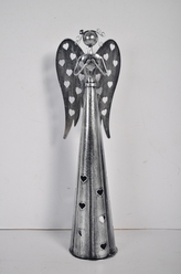 Plechový srdíčkový anděl na čajovou svíčku, 53 cm, stříbrný