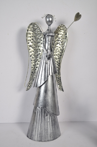 Plechový anděl Wave stříbrný-champagne se srdíčkem, 65,5cm, LED křídla