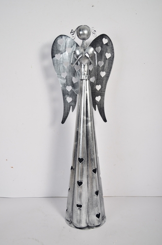 Plechový srdíčkový anděl na čajovou svíčku, 67 cm, stříbrný