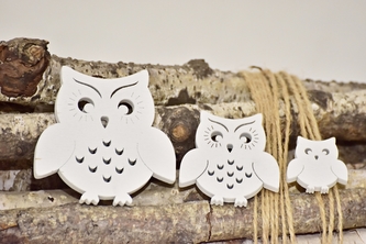 Dřevěná sova bílá, sada 20 ks