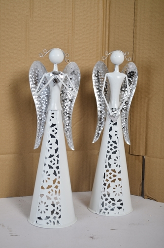 Plechový anděl Nova bílo-stříbrný 30 cm, na čajovou svíčku