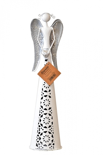 Plechový anděl Nova bílo-stříbrný 40 cm