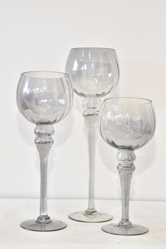 Skleněný svícen na stopce šedý, sada 3 ks, II.jakost