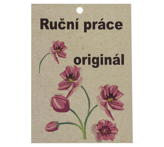 Cedulka Ruční práce - béžová s růžovým kvítkem - 50x70 mm