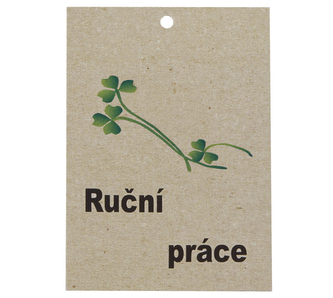 Cedulka Ruční práce - béžová se zeleným lístkem - 50x70 mm