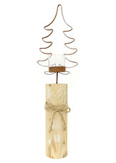 Svícen skleněný s dekorací z kovu na dřevěném podstavci