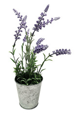 Levandule v kovovém květináči. Květina umělá.
