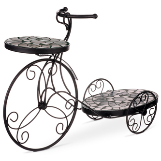 Stojan na květiny ve tvaru kola, kovový, s keramickou mozaikou. Černá barva.