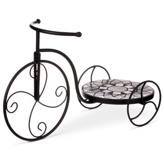 Stojan na květiny ve tvaru kola, kovový, s keramickou mozaikou. Černá barva.