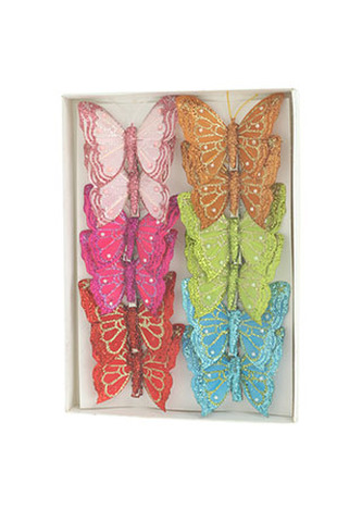 Motýl s klipem, s glitry, cena za 12 kusů v krabičce