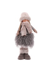 Děvčátko v hnědém kabátě a sukni, stojící.