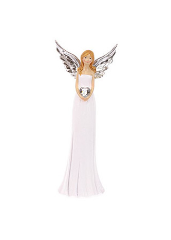 Anděl držící srdce, polyresinová dekorace, barva bílá s glitry