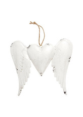 Křídla se srdíčkem, kovová dekorace na zavěšení, barva bílá antik