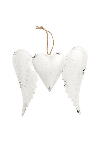 Křídla se srdíčkem, kovová dekorace na zavěšení, barva bílá antik