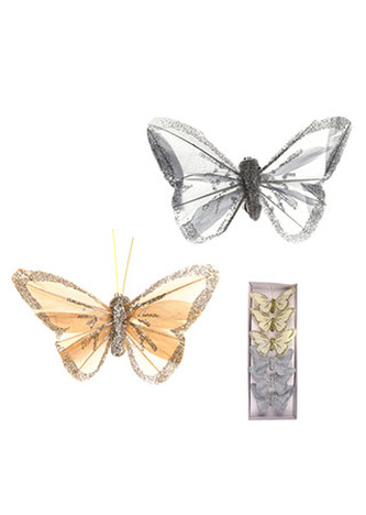 Motýl s klipem, 6ks v krabičce, barva krémová a šedá s glitry, cena za 1 krabičk