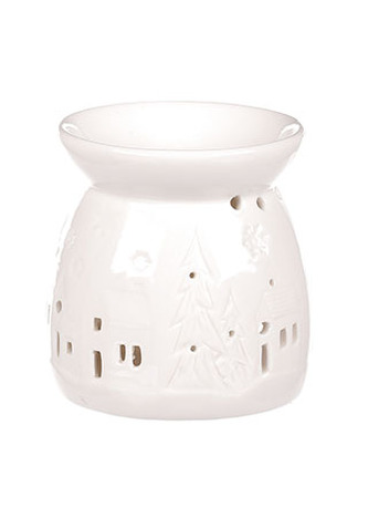Aroma lampa, vánoční motiv vesnice, bílá barva, porcelán.