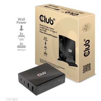 Club3D nabíječka, 4 ports, 2x USB Type-A 2x Type-C up to 112W, Power Delivery(PD) Support