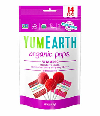 YumEarth Ovocná lízátka s vitamínem C s příchutí jahody, třešně a lesních plodů BIO 14 ks