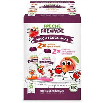 Freche Freunde MIX Ovocných kapsiček 2 druhy - Krupice s jablkem, jahodou, malinou a broskví BIO 4 x 100 g