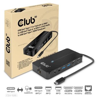 Club3D hub USB-C, 7-in-1 hub s 2x HDMI, 2x USB Gen1 Type-A, 1x RJ45, 1x 3.5mm audio, 1x USB Gen1 Type-C