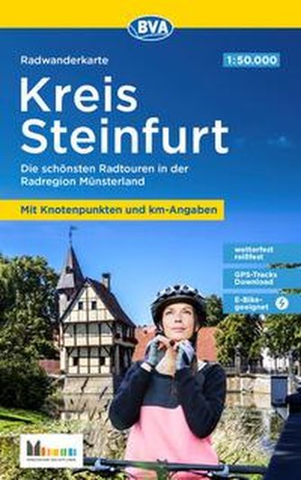 Radwanderkarte BVA Kreis Steinfurt mit Knotenpunkten und km-Angaben, 1:50.000, reiß- und wetterfest, GPS-Tracks Download, E-Bike