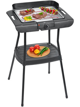 Gril Clatronic, BQS3508, stojanový, nastavitelný termostat, chromovaná odnímatelná grilovací mřížka, nádobka na vodu, rozměry 35,5 x 24,5 cm, 2000 W