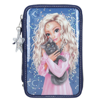 Penál s výbavou Top Model, Kočky, flitry, barva modrá