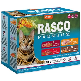 Kapsičky RASCO Premium Cat Pouch Adult - 3x beef, 3x veal, 3x turkey, 3x duck