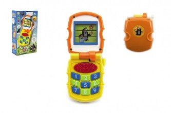 Krtkův mobil telefon měnící obrázky Krtek žlutý plast se světlem a se zvukem v krab. 12x21x5cm 6m+