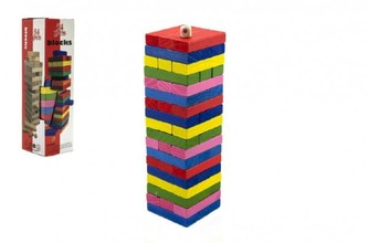 Hra Jenga věž dřevo 54ks barevných dílků hlavolam v krabičce 8x29cm