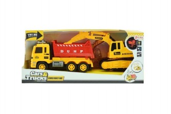 Auto sklápěč + bagr 2ks  plast na baterie se světlem se zvukem na setrvačník v krabici 36x16x11cm