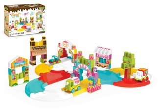 Autodráha sladké městečko plast 55ks + 3 auta v krabici Wader 59x40x15cm 12m+