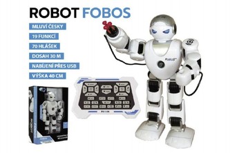 Robot RC FOBOS interaktivní chodící plast 40cm na baterie s USB v krabici 31x44x13cm CZ design